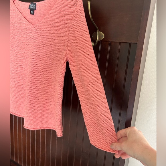 EILEEN FISHER Silk Knit V-Neck Sweater 3/4 Sleeve Quiet Luxury Parisian Coral M - Picture 6 of 9